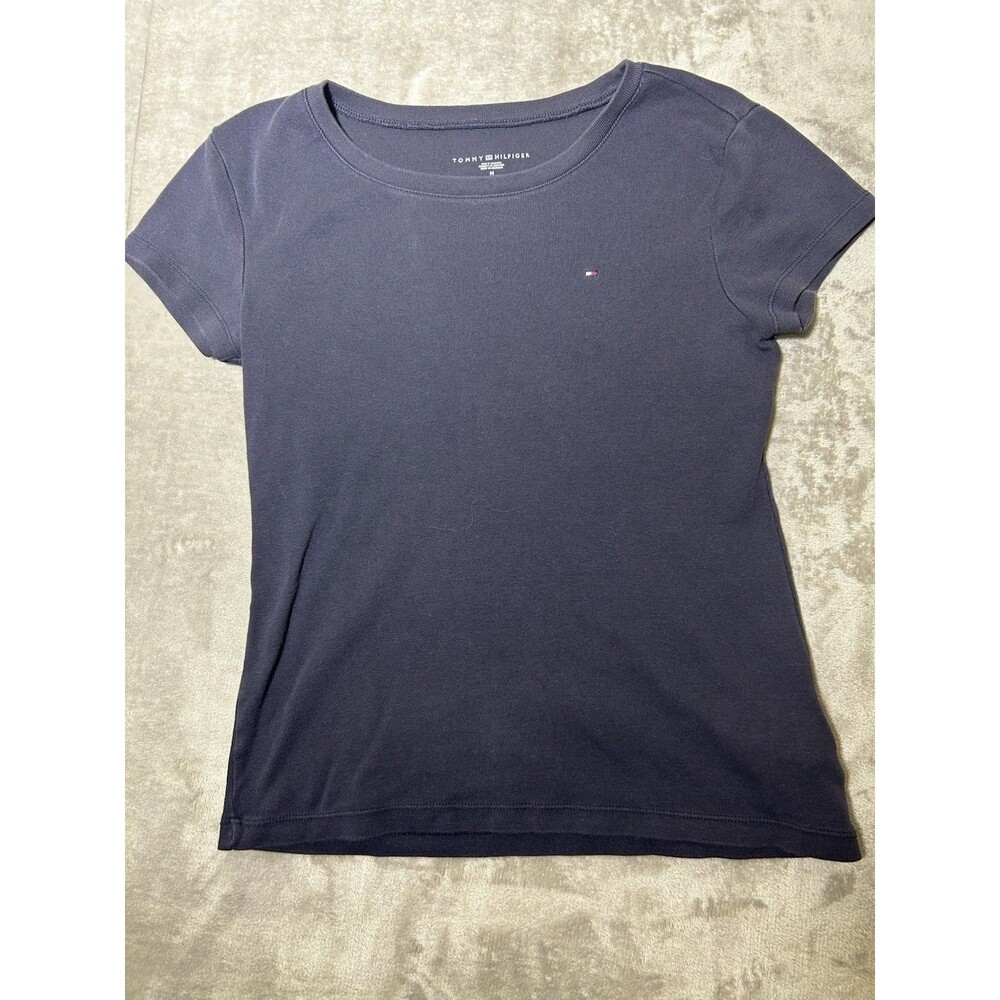 Tommy Hilfiger Womens Medium Navy Blue Crew Neck Flag Logo Short Sleeve T-Shirt